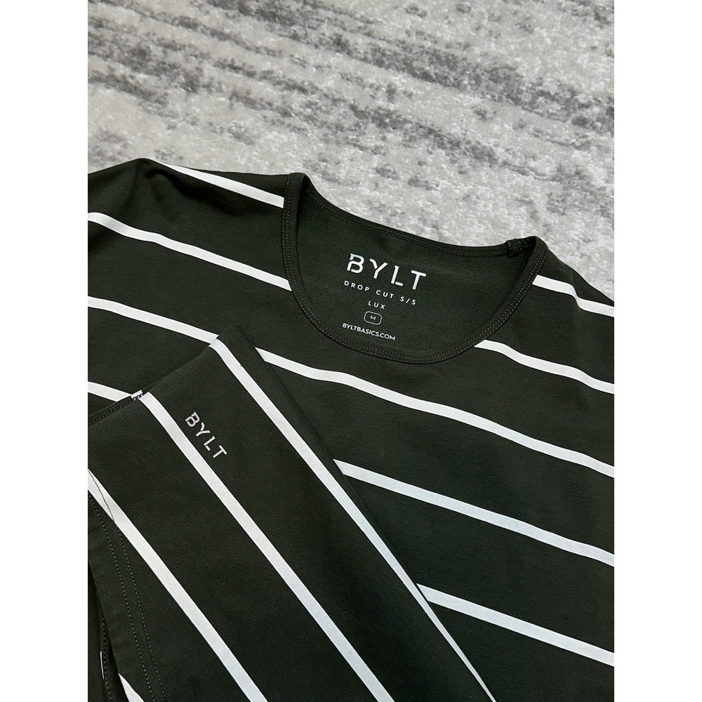 BYLT‎ Drop Cut Lux Shirt Dark Green Striped Short Sleeve Men's M Causal Curved